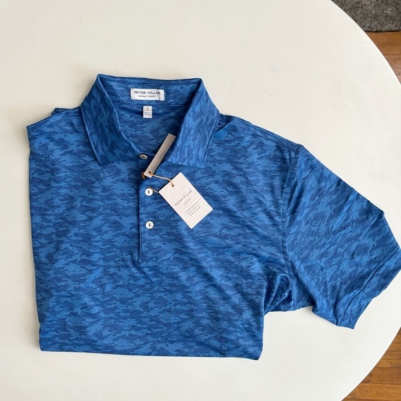 Peter Millar Men’s Summer Comfort Fish Camo Performance Jersey Polo Small New - Picture 1 of 8